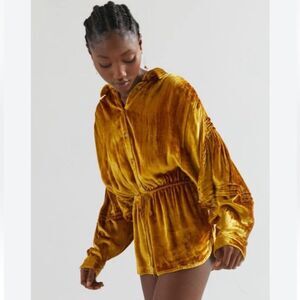 Urban Outfitters Gold Velvet Romper Long Sleeve Boho One Piece